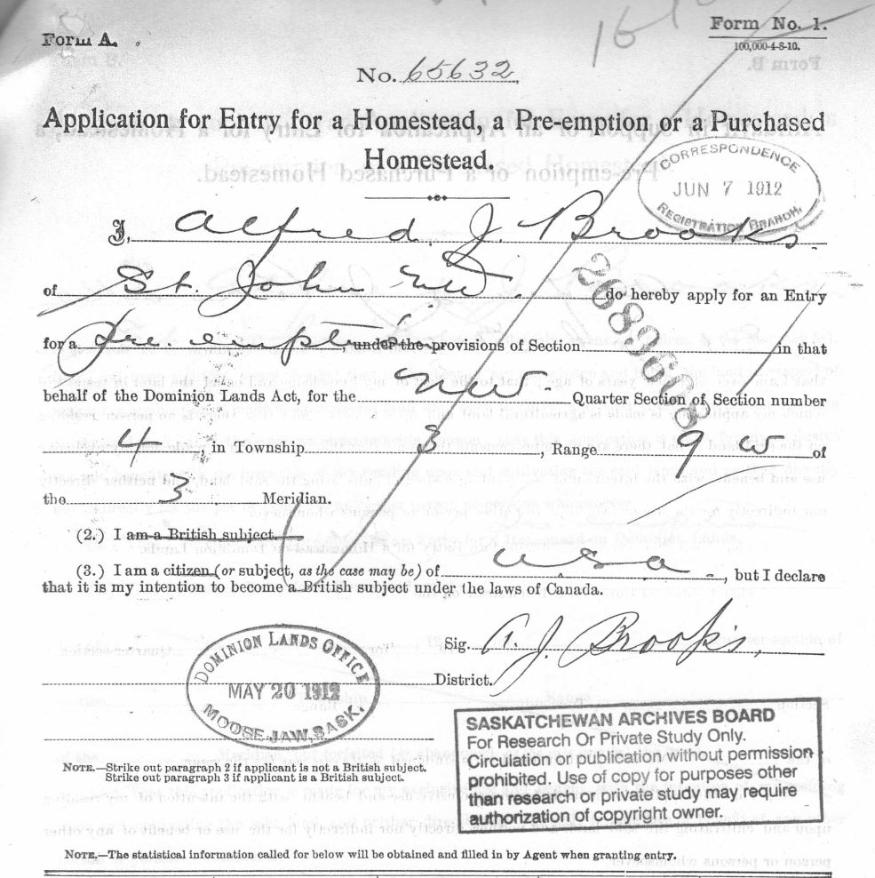 Form A Application for Pre-Emption property in Lafleche Saskatchewan - Alfred  Brooks